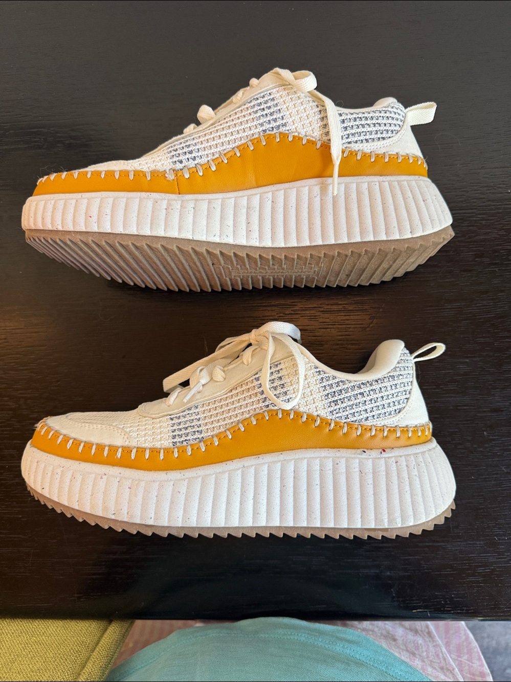 Ladies Dream Pairs White and Mustard Yellow Knit Platform Sneakers - Picture 3 of 5